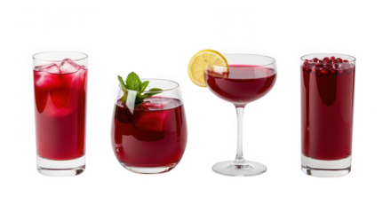 Four different glasses of deep red beverage isolated on transparent background