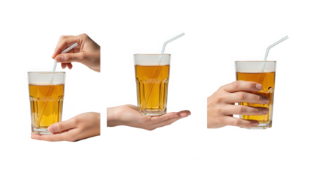 Three steps showing hand holding glass of iced tea isolated on transparent background