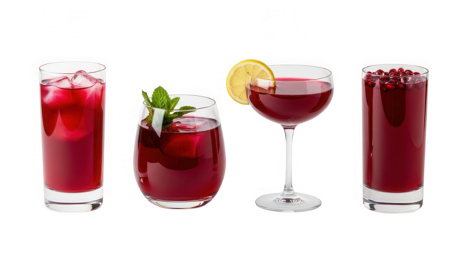 Four different glasses of deep red beverage isolated on transparent background