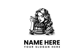 Woman eating cake vector logo illustration in black and white style, perfect for confectionery or bakery businesses
