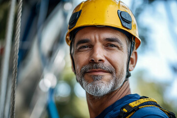 Generative AI image of a smiling person enjoying extreme bungee jumping adventure with scenic mountain landscape behind