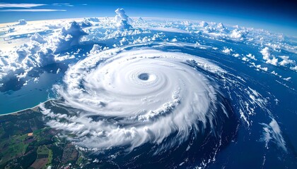 Aerial view showcasing swirling clouds of a massive hurricane system over earth, adjacent to landmasses and open ocean