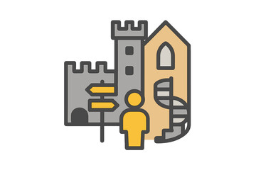 Obraz premium Castle Sightseeing Icons. Linear minimalistic castle sightseeing icon: castle walls, watchtower, great hall, spiral stair, visitor