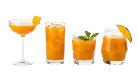 Four different mango juice drinks isolated on transparent background