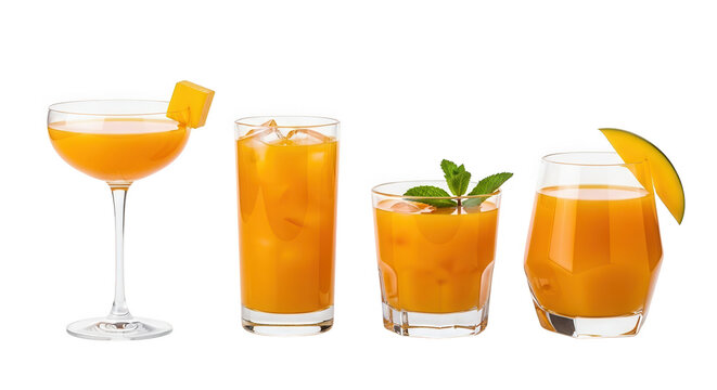Four different mango juice drinks isolated on transparent background