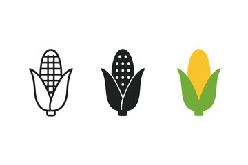 Minimalist Corn Icons. Minimalist corn vegetable icon: three identical corn cobs with husks partly open in a row, first in line