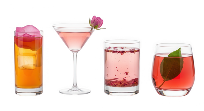 Four pink and orange cocktails isolated on transparent background