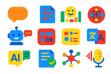 NLP Flat Vector Icons. Flat vector icons of natural language processing: speech bubble, text corpus, sentiment analysis chart,