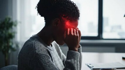 Woman Experiencing Headache with Red Overlay Gesture Stress in Office Environment