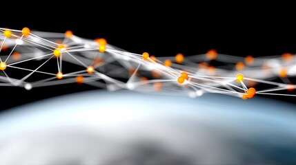 An abstract digital network of interconnected orange and white nodes and lines floats above a blurred, blue and white representation of Earth. The background is