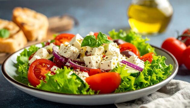 A vibrant salad with tomatoes, feta, lettuce, and red onion on a white plate against a blurred blue background