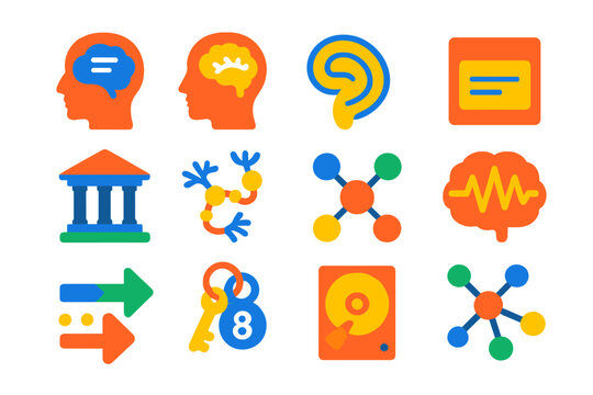 Memory System Icons. Flat vector icons of memory systems: short-term memory icon, long-term memory, hippocampus diagram, flashcard