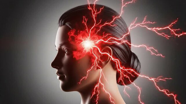 Woman's Portrait with Medical Concept Depicting Brain Activity Illuminated with Red Lines and Dot on Grey Background
