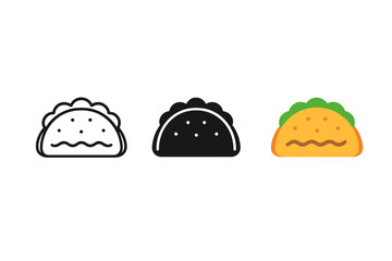 Minimalist Taco Icons. Minimalist taco fast food icon: three identical tacos with folded shells and filling in a row, first in