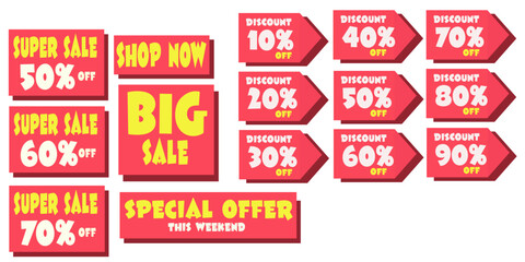 Obraz premium Set of Sale Badges and Discount Labels – Special Offer Promotion Tags 10%, 20%, 30%, 40%, 50%, 60%, 70%, 80%, 90% – Shopping Banner Templates – Vector Illustration