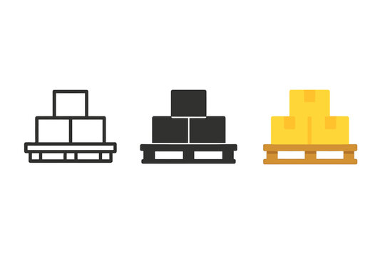 Pallet Cargo Icons. Minimalist pallet cargo icon: three identical wooden pallets with stacked boxes in a row, first in line style