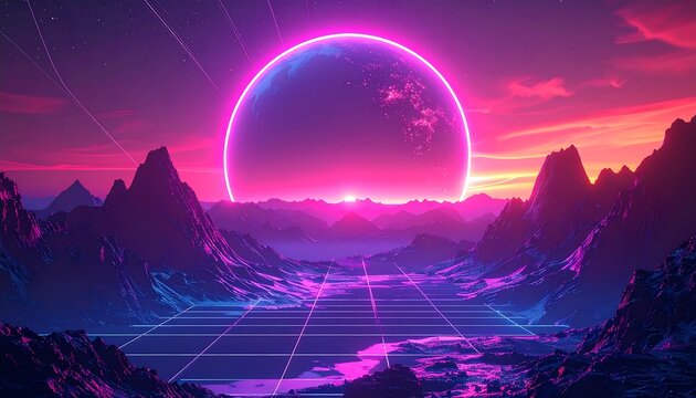 Synthwave scene with mountains, grid, and a giant neon orb against a vibrant sunset colored sky