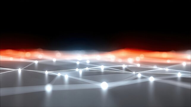 An abstract digital visualization of a network grid with interconnected glowing white nodes and lines, set against a dark background with a smoky red and orange