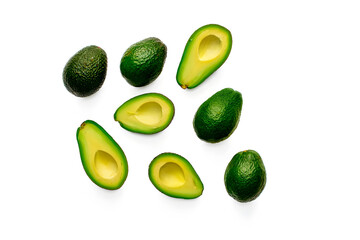 Fresh Avocados – Whole and Halved on White Background – Healthy Eating, Vegan Diet, and Modern Food Design Concept with Copy Space for Social Media and Website Banners