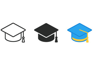 Graduation Cap Trio. Minimalist graduation cap icon: three identical academic caps with tassels in a row, first in line style with