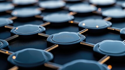 Close-up of a repeating pattern of interconnected nodes, resembling a molecular structure or network. The nodes are dark blue and glossy, connected by thin gold