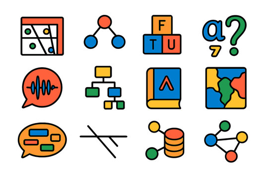 Linguistic Icons Set. Flat vector icons of linguistics: phoneme chart, syntax tree, morpheme blocks, IPA symbols, speech waveform,