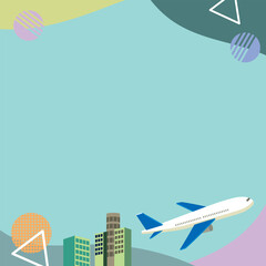 飛行機とビルと空のある都会的な風景イラスト バナー背景　バナーフレーム