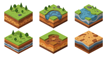 Isometric terrain blocks with vegetation and water features for geology concepts
