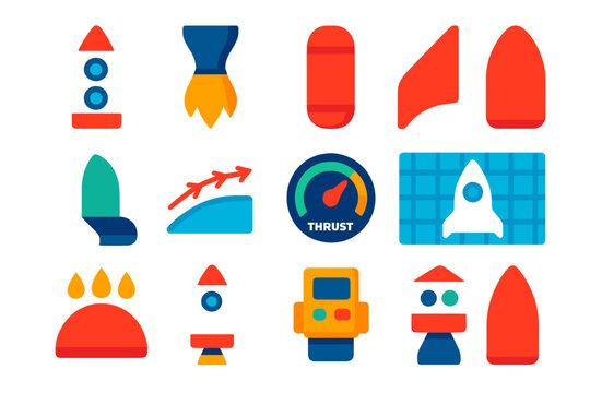 Modern Rocket Icons. Flat vector icons of rocket design: fuselage, engine nozzle, fuel tank, fin, payload bay, aerodynamics