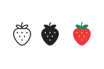 Stylized Strawberry Trio. Minimalist strawberry fruit icon: three identical strawberries with small seeds and leaves on top in a