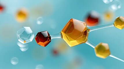 An abstract 3D render depicting a chain of interconnected hexagonal shapes, resembling atoms or molecules. The shapes vary in color from clear to amber and deep