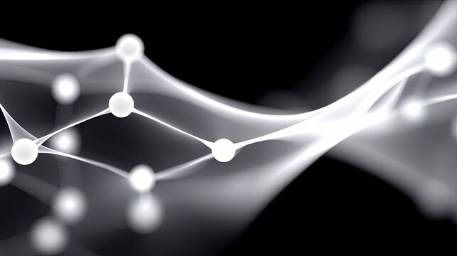 An abstract digital artwork featuring a network of interconnected white spheres and flowing lines against a dark background, creating a sense of digital connect