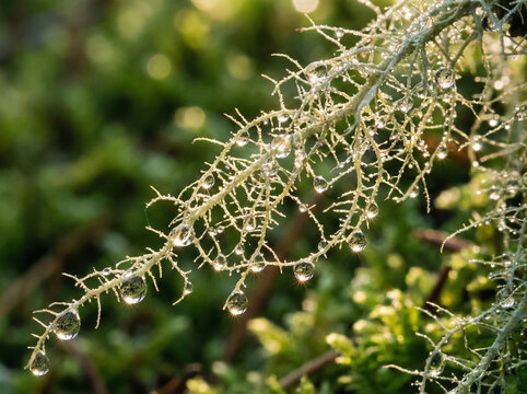 Macro of lichen filaments with dew