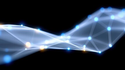 Abstract digital network structure with interconnected nodes and lines, illuminated by glowing blue and orange lights against a dark, blurred background.