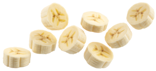 Flying delicious banana slices cut out 
