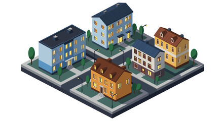 Isometric residential neighborhood with colorful buildings and trees