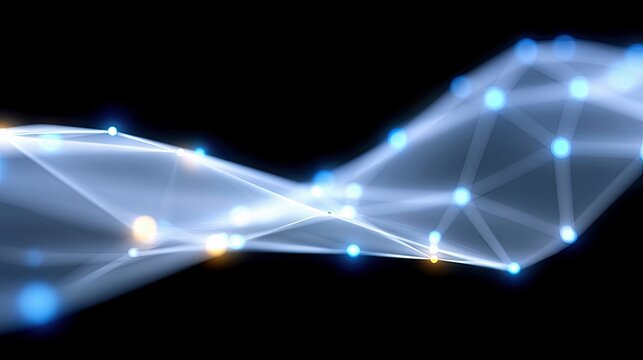 Abstract digital network structure with interconnected nodes and lines, illuminated by glowing blue and orange lights against a dark, blurred background.
