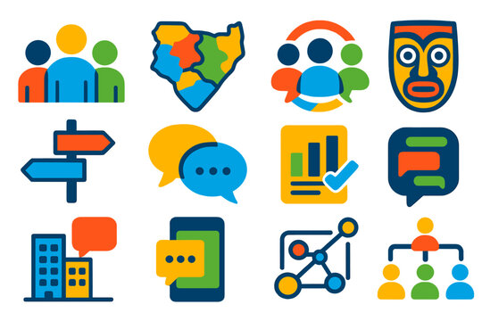 Sociolinguistics Icon Set. Flat vector icons of sociolinguistics: community group, dialect map, conversation circle, cultural icon
