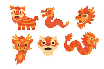 Set of traditional dragon and lion illustrations in bright festive flat style for cultural celebration themes.