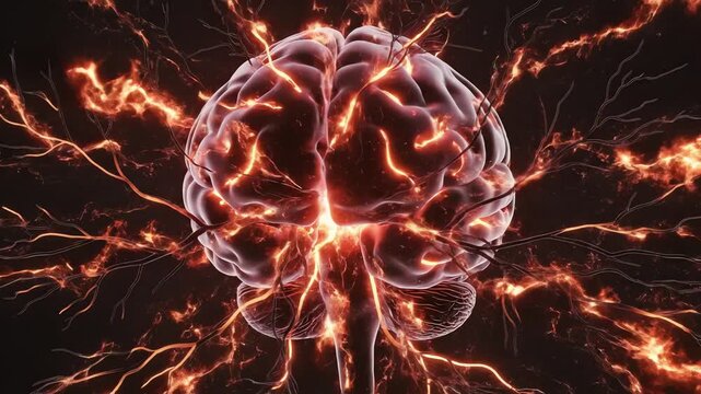 The amygdala glowing inside the brain, pulsing with fiery red light during fear response, visualized as shockwaves spreading through neural pathways
