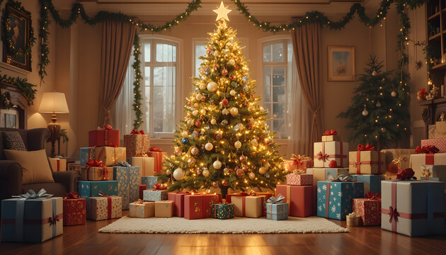 A living room with decorated christmas tree with room full of  gift packs arranged gracefully. - Powered by Adobe
