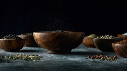 Culinary Still Life of Dried Herbs and Spices in Wooden Bowls for Recipe Blog and Cooking Content Design