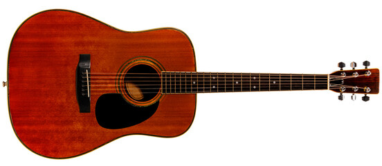 Obraz premium Classic acoustic guitar with a light wooden body isolated on white background, Acoustic guitar on white background With clipping path.