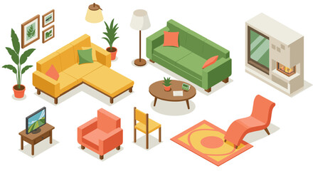 Naklejka premium Modern isometric living room interior design with cozy furniture and decor elements