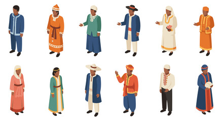 Diverse traditional attire in isometric style featuring men and women from various cultures