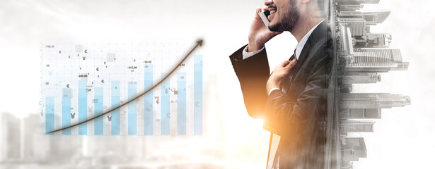 A confident businessman on a smartphone conveys success in a modern business environment. The background highlights a growth chart symbolizing progress and achievement in a dynamic cityscape. Impute