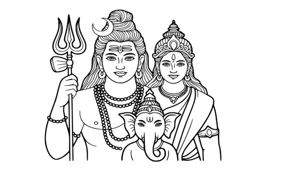 Hindu Deities Line Art: Lord Shiva, Parvati, and Ganesha Family Portrait Vector