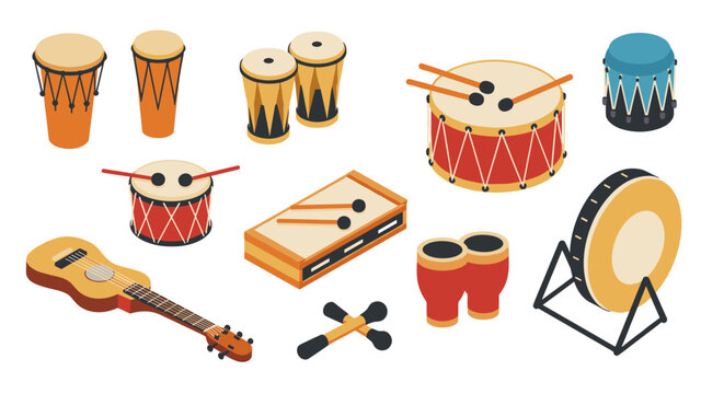 Diverse collection of isometric percussion and string instruments for music enthusiasts