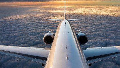 Airplane view above cloudscape. Wing, tail, and engines visible against the sunlit horizon