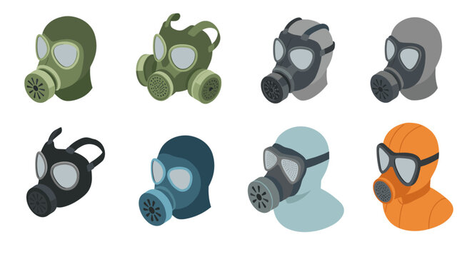 Colorful isometric gas masks collection for safety and design - Powered by Adobe